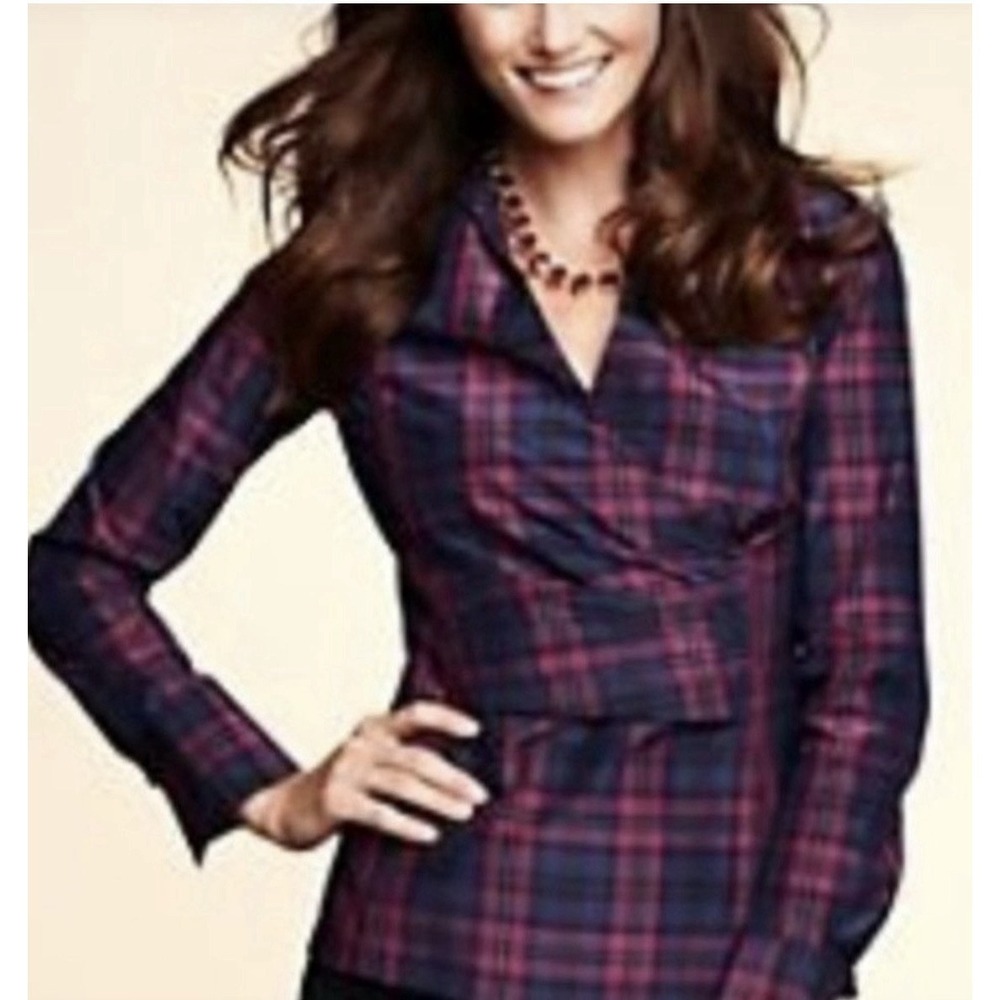 TALBOTS Navy Faux‑Wrap Pleated Blouse Tartan Plaid Silk Blend Size 12P $119